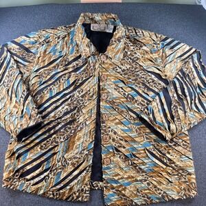 Life Style Woman Animal Print Ribbon Jacket Brown Blue 2X Cotton Boho Textured